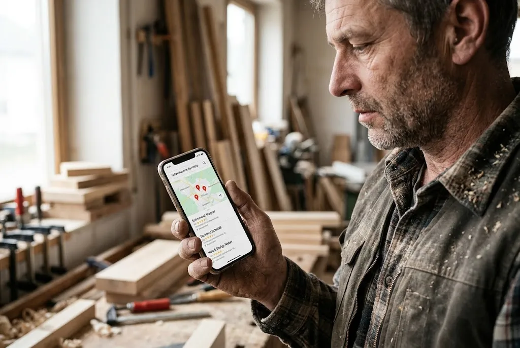 Schreiner schaut in seiner Werkstatt auf dem Handy die Google-Suche an und findet nur andere Betriebe