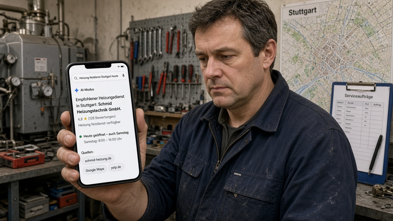 Handwerker im Heizungsbetrieb prüft auf dem Smartphone eine KI-Suchantwort zu Heizung Notdienst