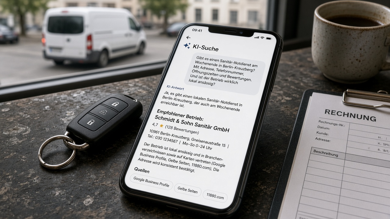 Smartphone auf der Werkbank zeigt eine KI-Antwort mit Quellenchips zu einem lokalen Sanitärbetrieb