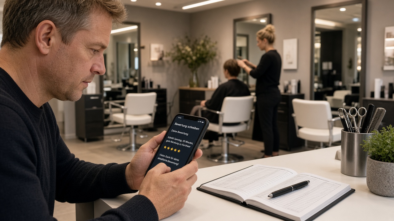 Kundin am Friseur-Empfang schreibt eine detaillierte Google-Bewertung mit konkreten Angaben zu Schnitt und Wartezeit