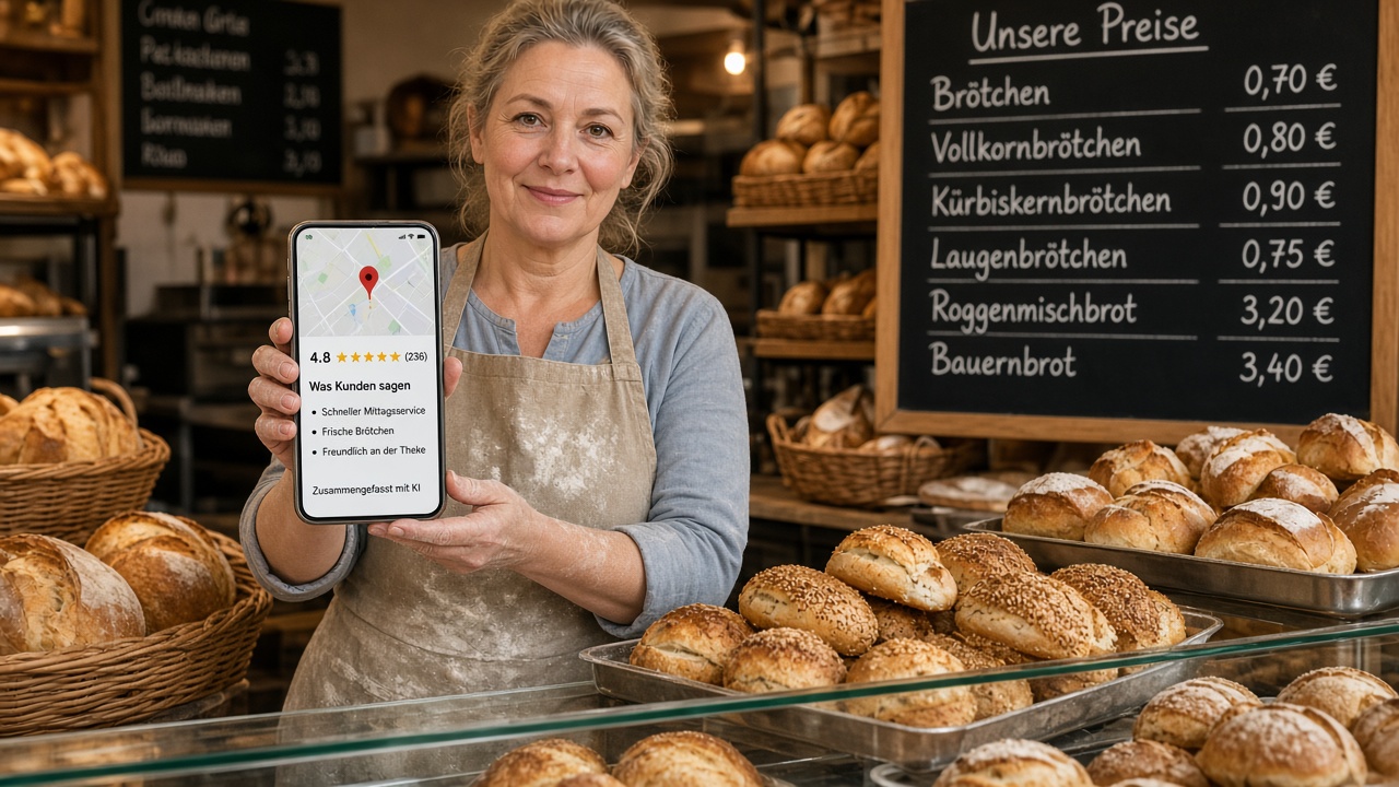 Bäckerei-Inhaberin prüft auf dem Smartphone die KI-Zusammenfassung der Kundenbewertungen im Ortsprofil