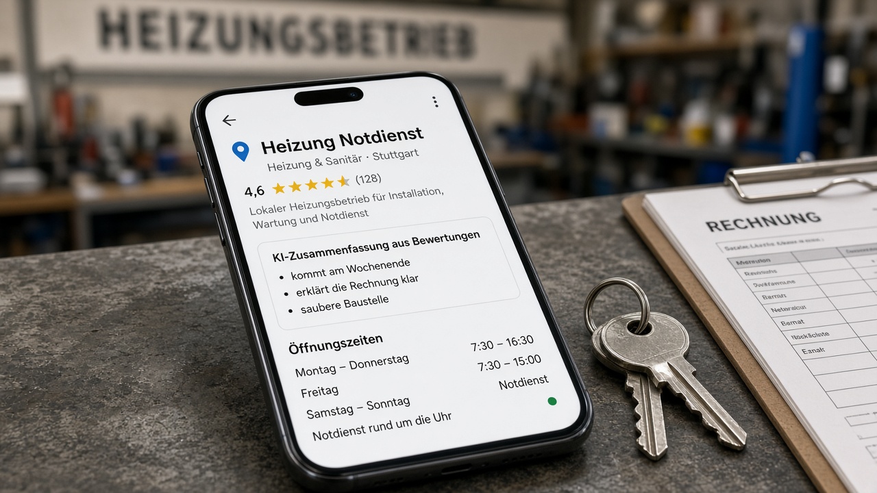 Smartphone auf der Werkbank zeigt ein Ortsprofil mit KI-Stichpunkten über den Öffnungszeiten eines Heizungsbetriebs