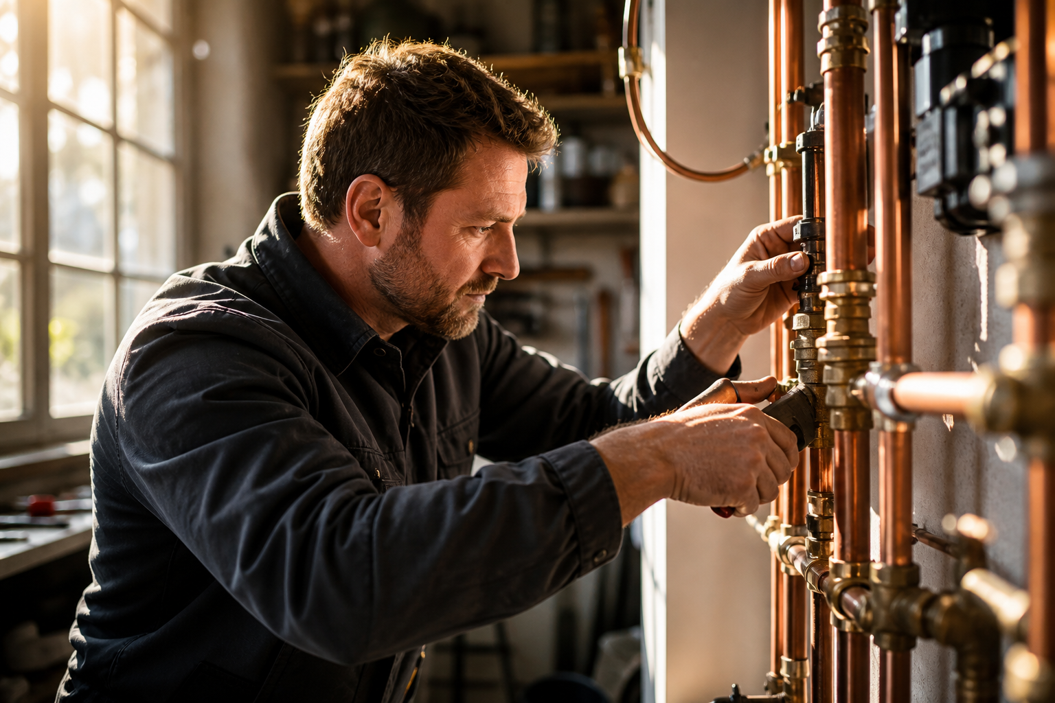 SHK-Techniker an einer modernen Heizungsanlage