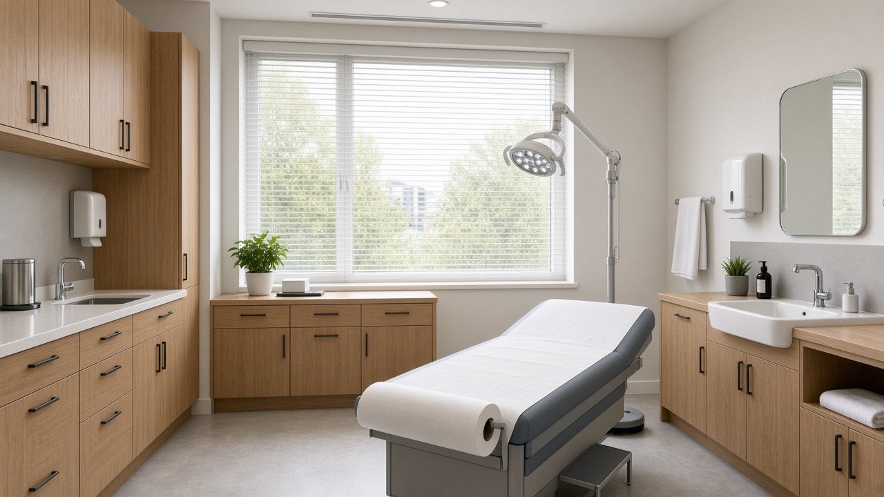 KI-generiertes leeres Sprechzimmer: Untersuchungsliege, Waschbecken, ohne Patient und ohne Behandlung