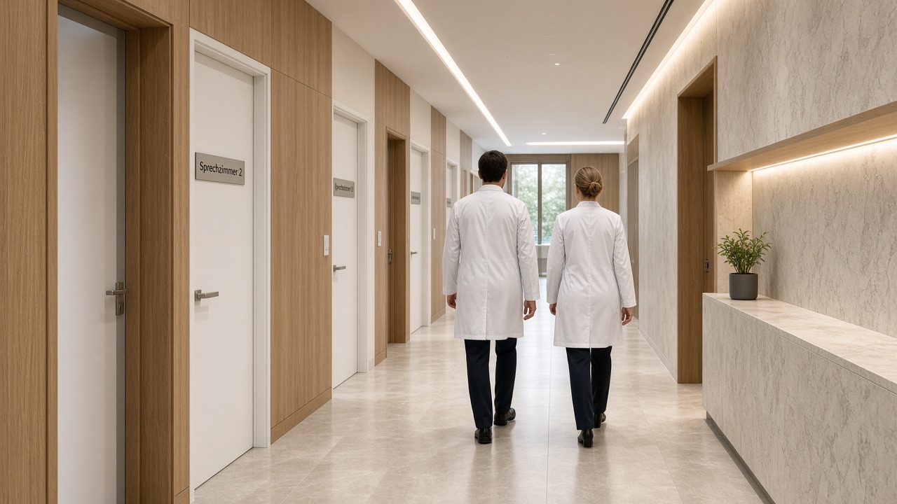 KI-generierter Praxisflur: medizinisches Team von hinten, Gesichter nicht erkennbar