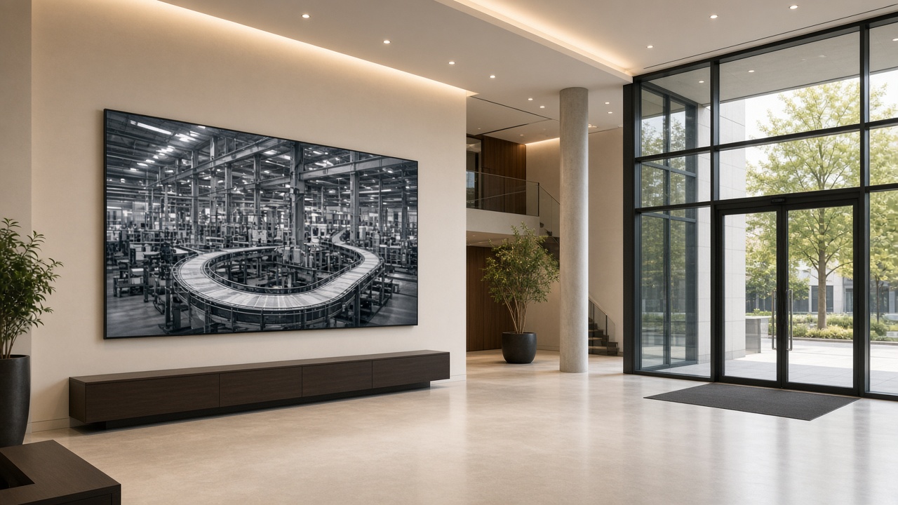 Foyer mit großem Screen, Loop eines Fertigungsfilms, ohne Personen