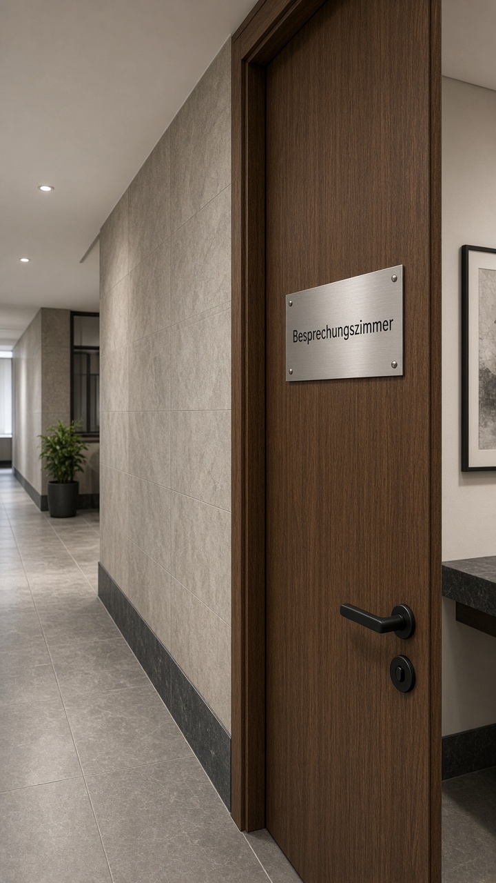 Hochformat: Flur mit Tür Besprechungszimmer in einer Kanzlei