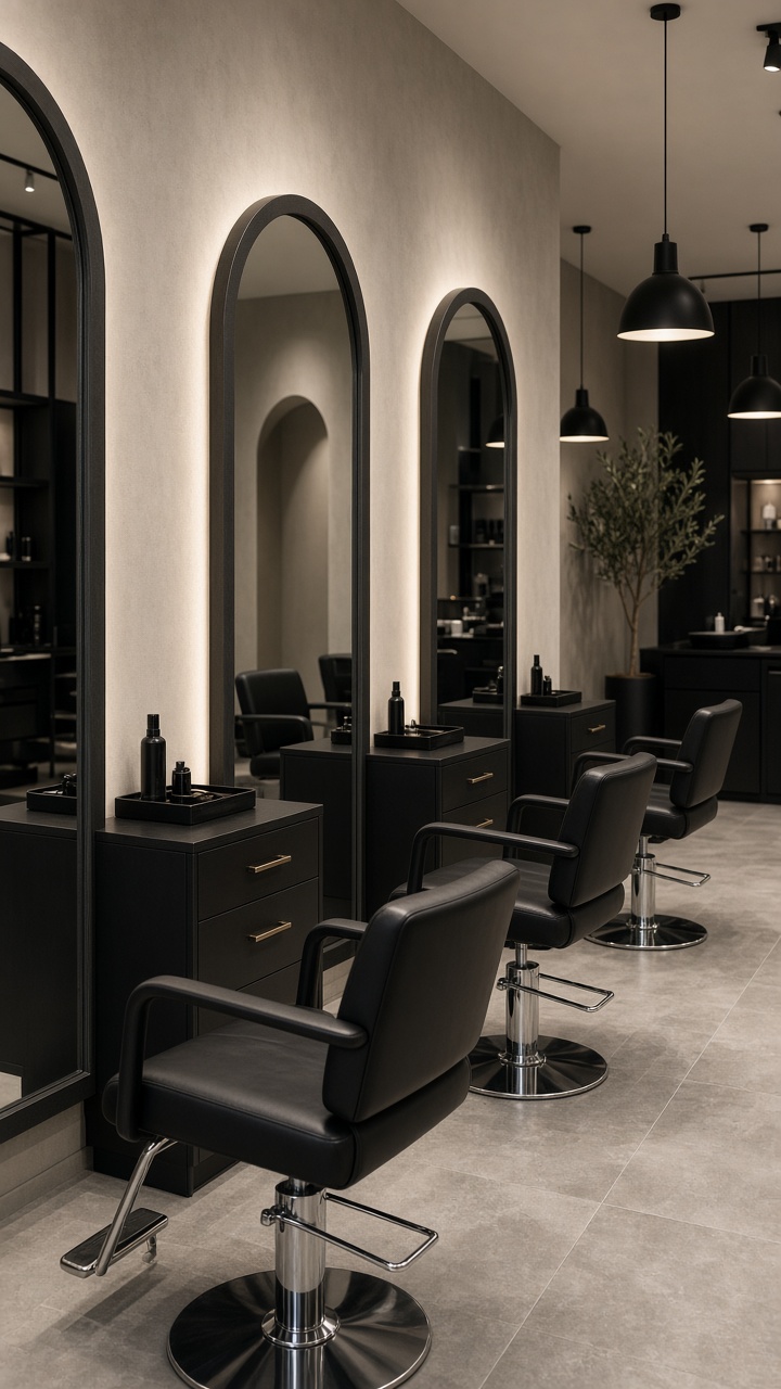 Hochformat: leere Friseurstühle vor beleuchteten Spiegeln, ohne Personen