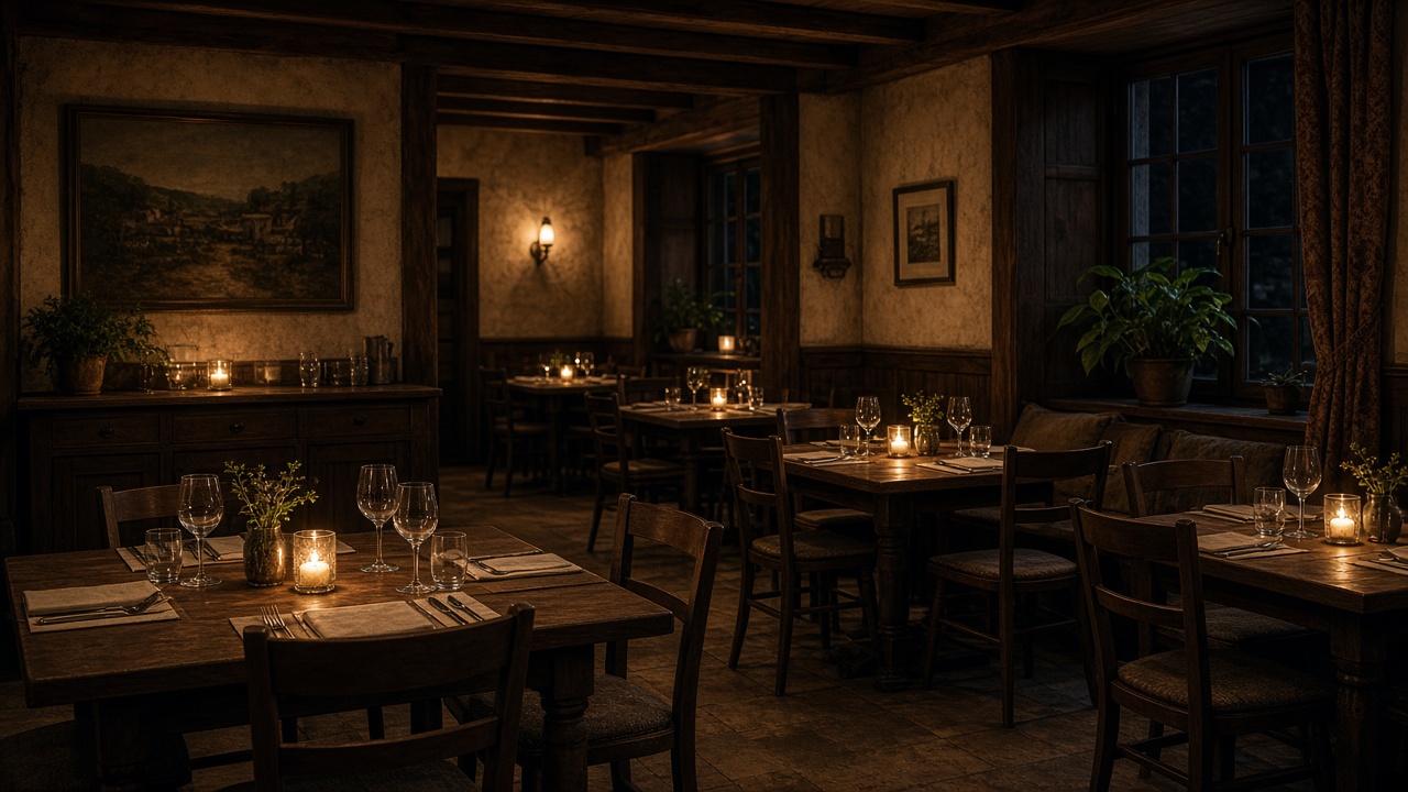 Querformat: leerer Restaurant-Saal, Kerzen, Abend