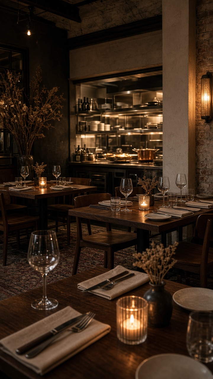 Hochformat: Restaurant-Saal am Abend, gedeckte Tische, kein Gast im Fokus