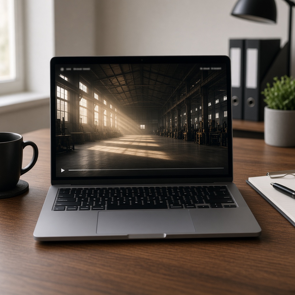 Quadrat: Laptop mit cinematic Imagefilm-Still einer leeren Halle, ohne Gesichter