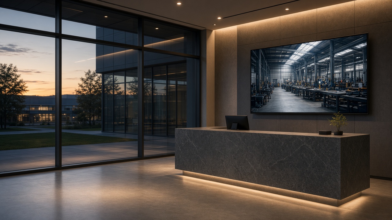 Leeres Foyer eines deutschen Mittelstandsunternehmens, großer Screen mit cinematic Fertigungsstimmung, ohne Personen