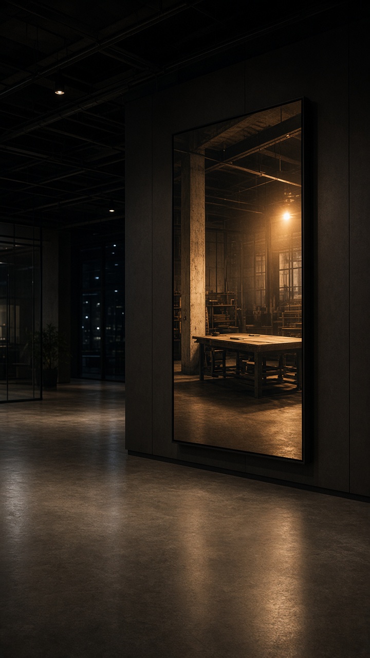 Hochformat: dunkler Showroom mit cinematic Werkstattlicht, ohne Personen
