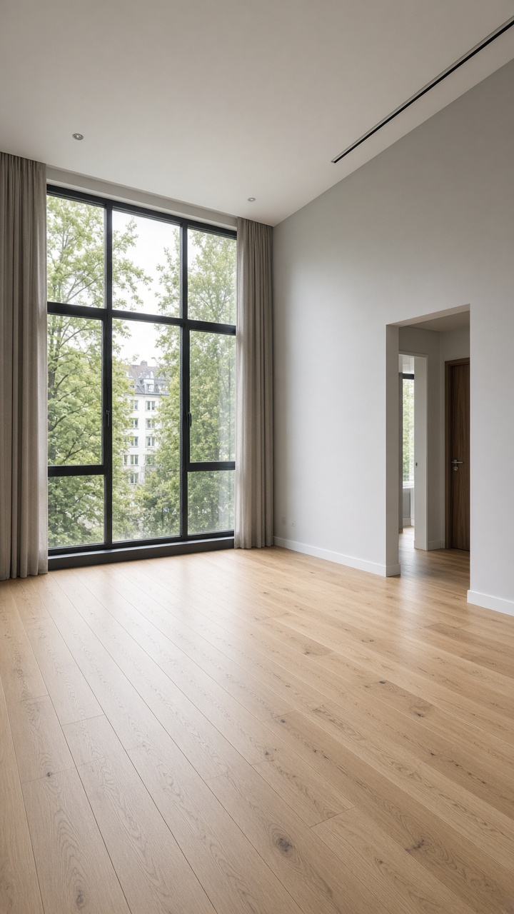 Hochformat: leerer heller Wohnraum mit Boden-Fenster und Vorhängen, Immobilien-Stimmung