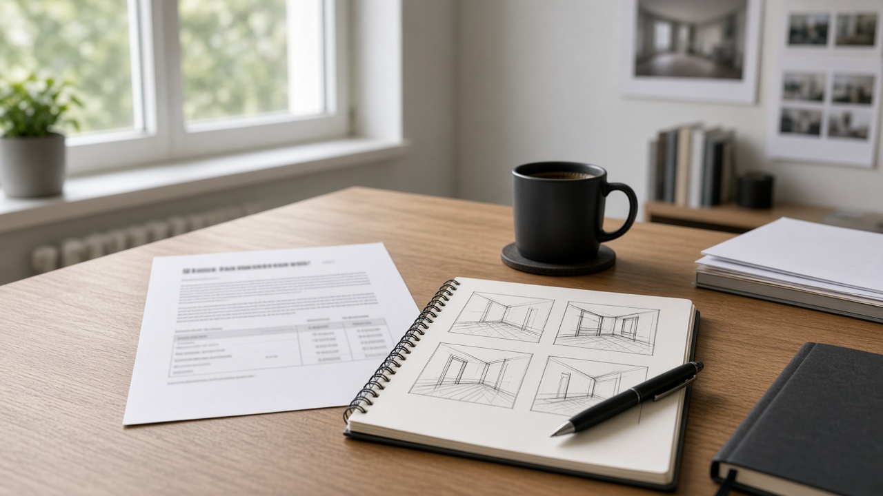 Schreibtisch mit schriftlichem Filmangebot und Storyboard-Skizzen, ohne Personen, ohne lesbare Preise