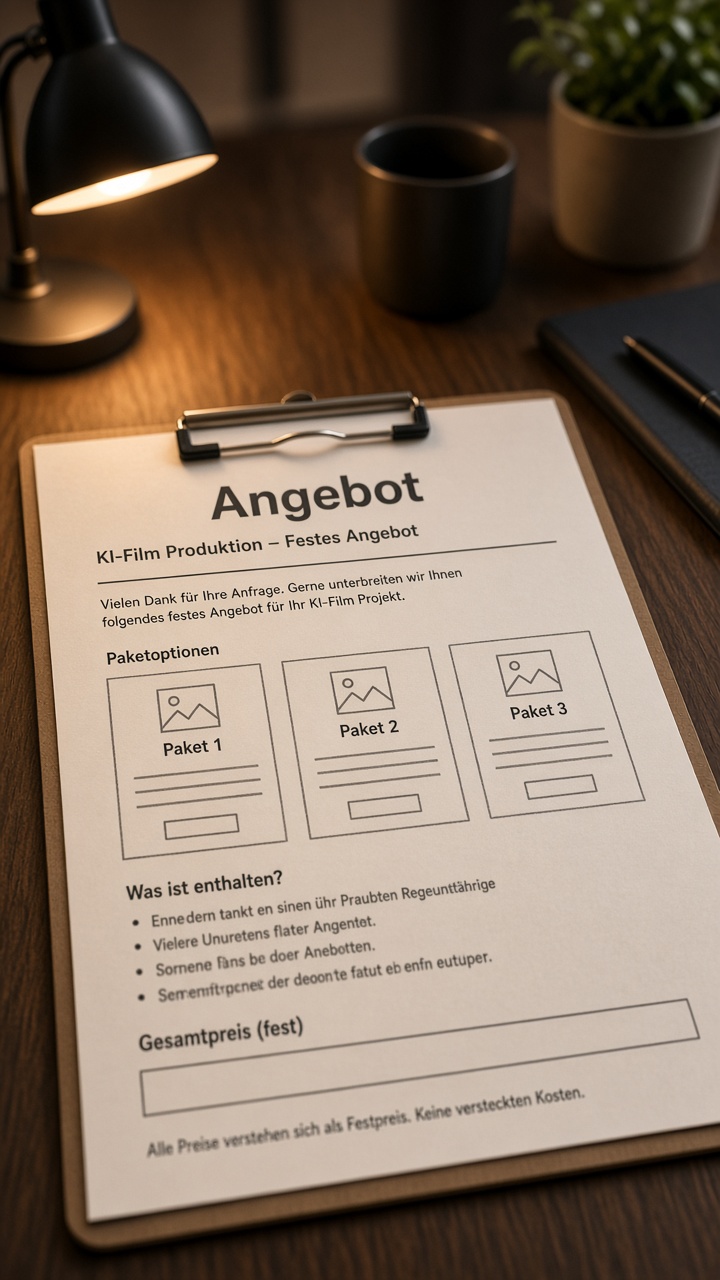 Hochformat: Klemmbrett mit Filmangebot, Paketrahmen, ohne lesbare Kundendaten