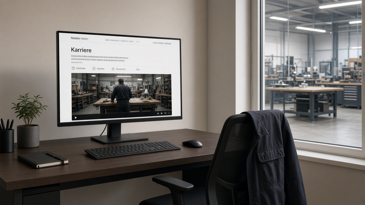 Karriereseite auf dem Monitor, Blick in die Werkstatt, leerer Stuhl, Workjacke
