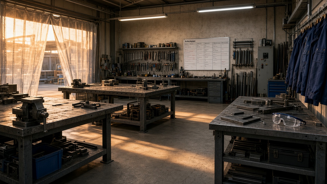 Querformat: Premium-Metallwerkstatt eines deutschen Handwerksbetriebs am Morgen, Werkbänke und Overalls, ohne Personen im Bild