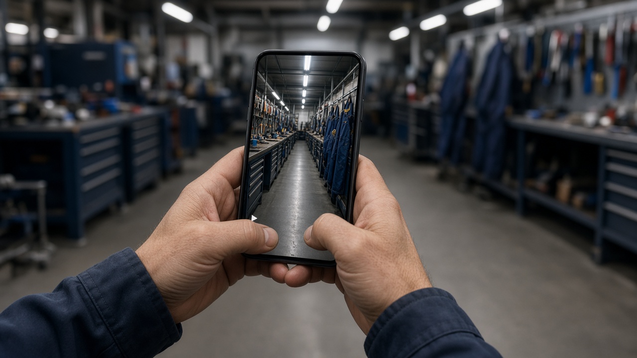 Smartphone in der Werkstatt zeigt einen Recruiting-Clip der Halle