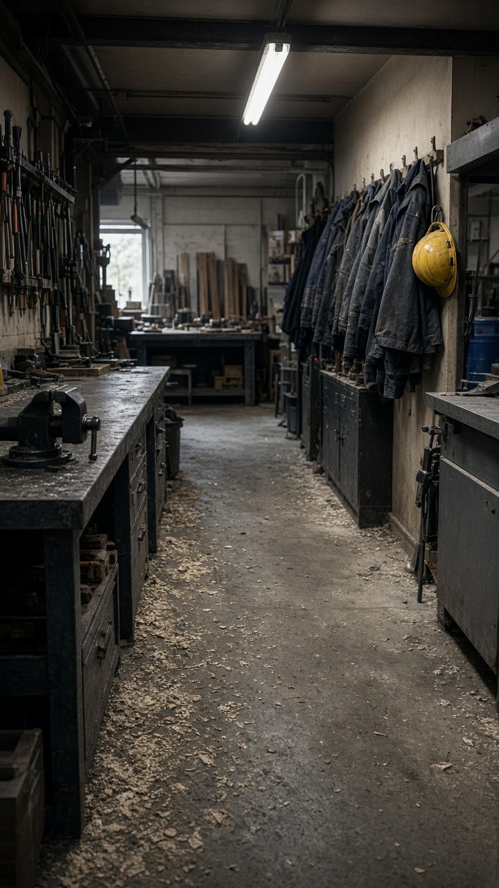 Hochformat: Werkstattgang eines deutschen Handwerksbetriebs, Ausbildungsplatz, ohne Gesichter