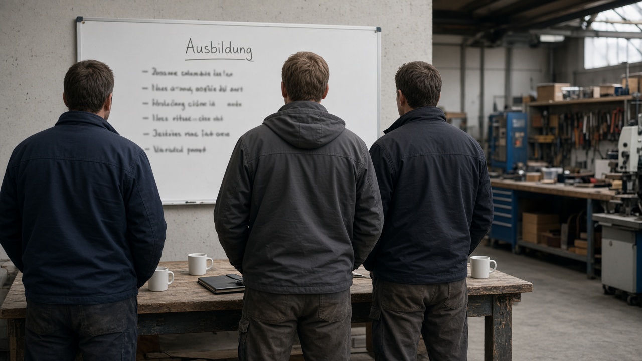Morgenrunde in der Werkstatt, Personen nur von hinten, keine erkennbaren Gesichter