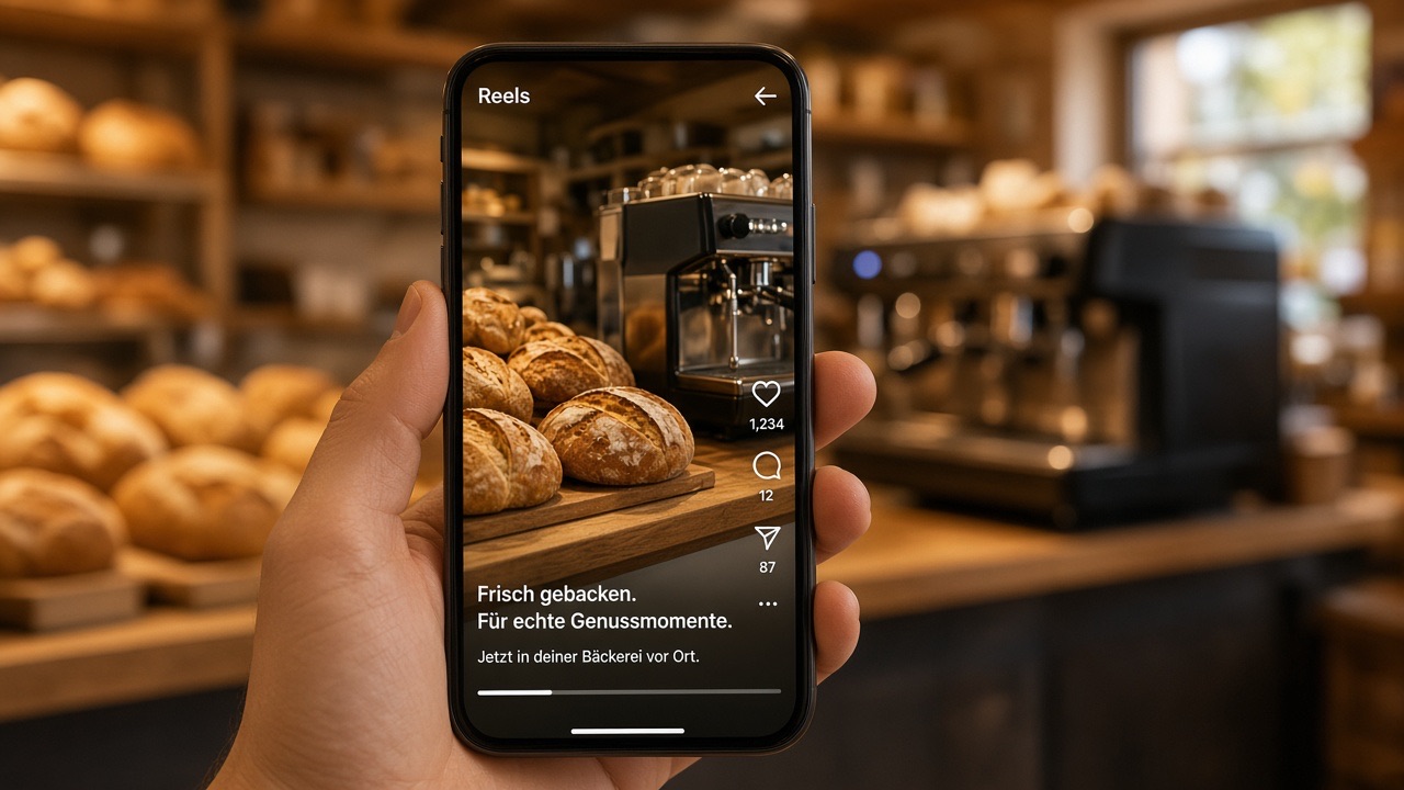 Querformat: Smartphone zeigt einen lokalen Werbespot im Hochformat, Bäckerei-Theke auf dem Display, kein Markenname im Bild