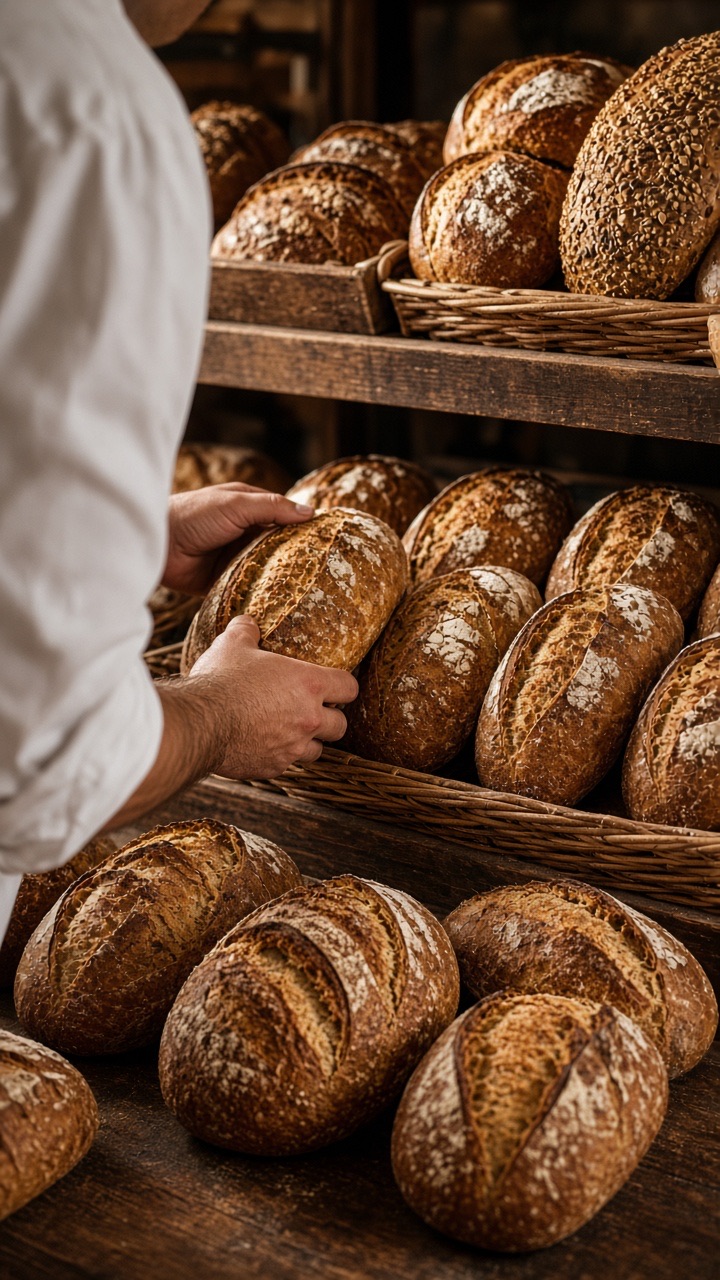Hochformat-Still eines KI-Social-Spots: Bäckerei-Theke, Handwerk, ohne Gesicht im Fokus