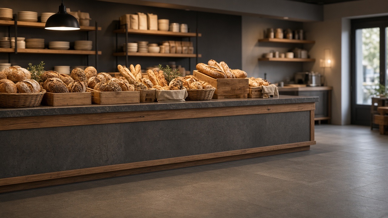 Stumm-taugliches Spot-Motiv einer Bäckereitheke, unterer Bildrand frei für Untertitel, ohne Text im Foto