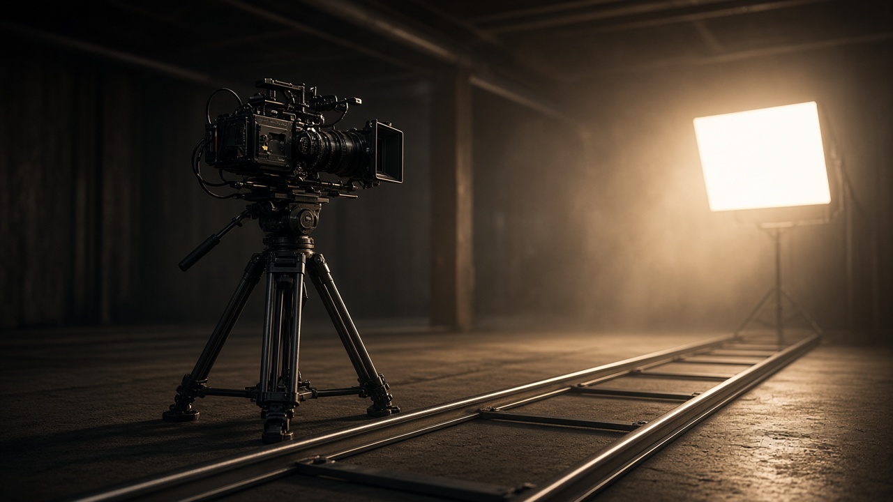 Filmset mit Kamera, Dolly und warmem Licht, ohne Personen im Vordergrund