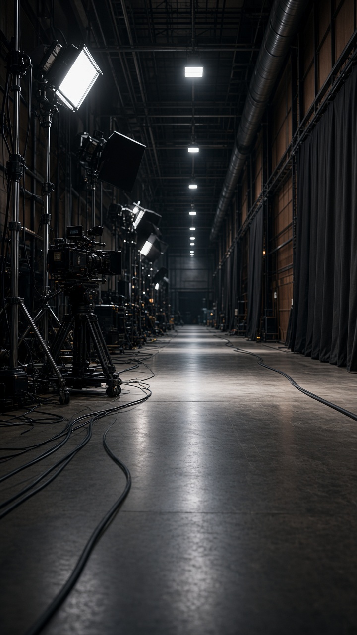 Hochformat: Filmset mit Kamera und Licht, Crew nur von hinten