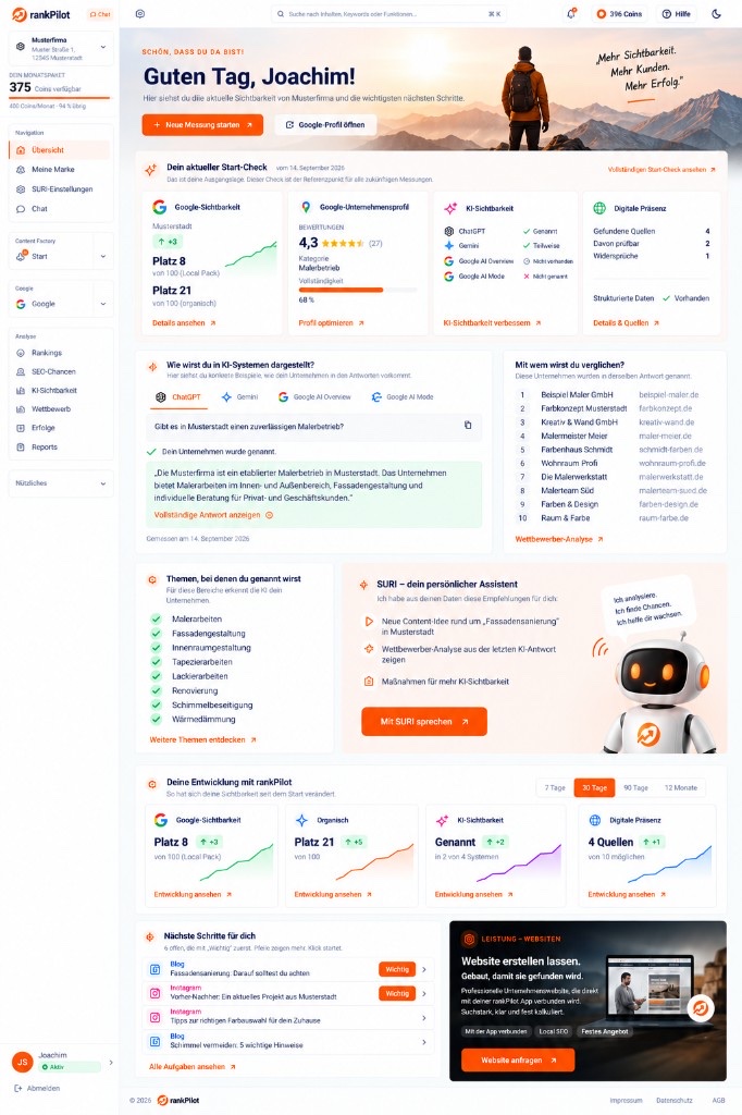 Ausschnitt der rankPilot App mit Sichtbarkeitswerten, Google-Rankings und KI-Nennungen