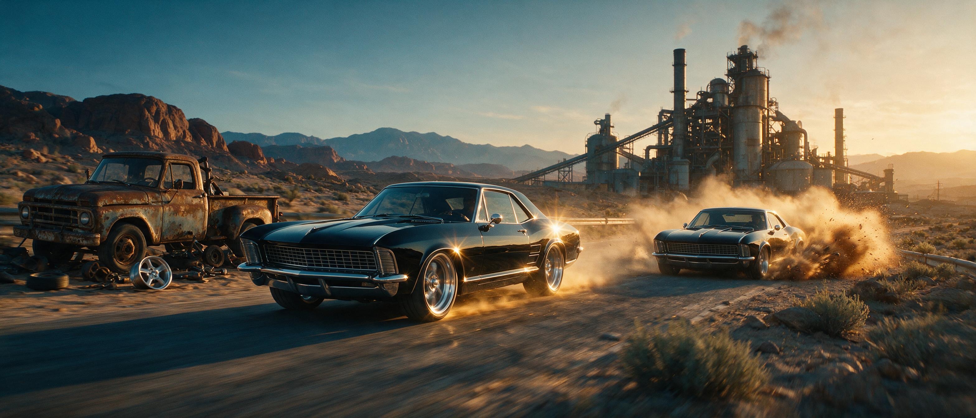KI-Standbild Gatran Garage: zwei Muscle Cars bei Golden Hour