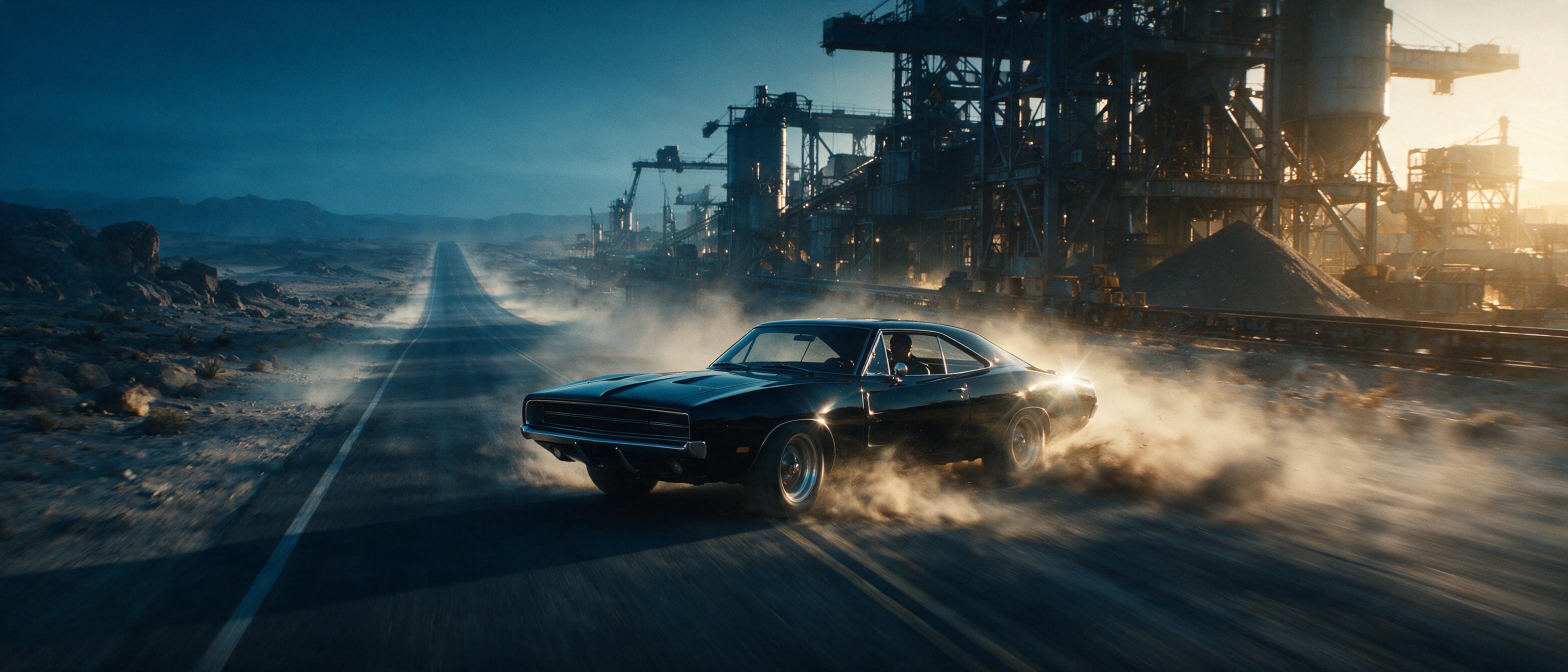 KI-Standbild Gatran Garage: Muscle Car mit Staubwolke vor Industrie