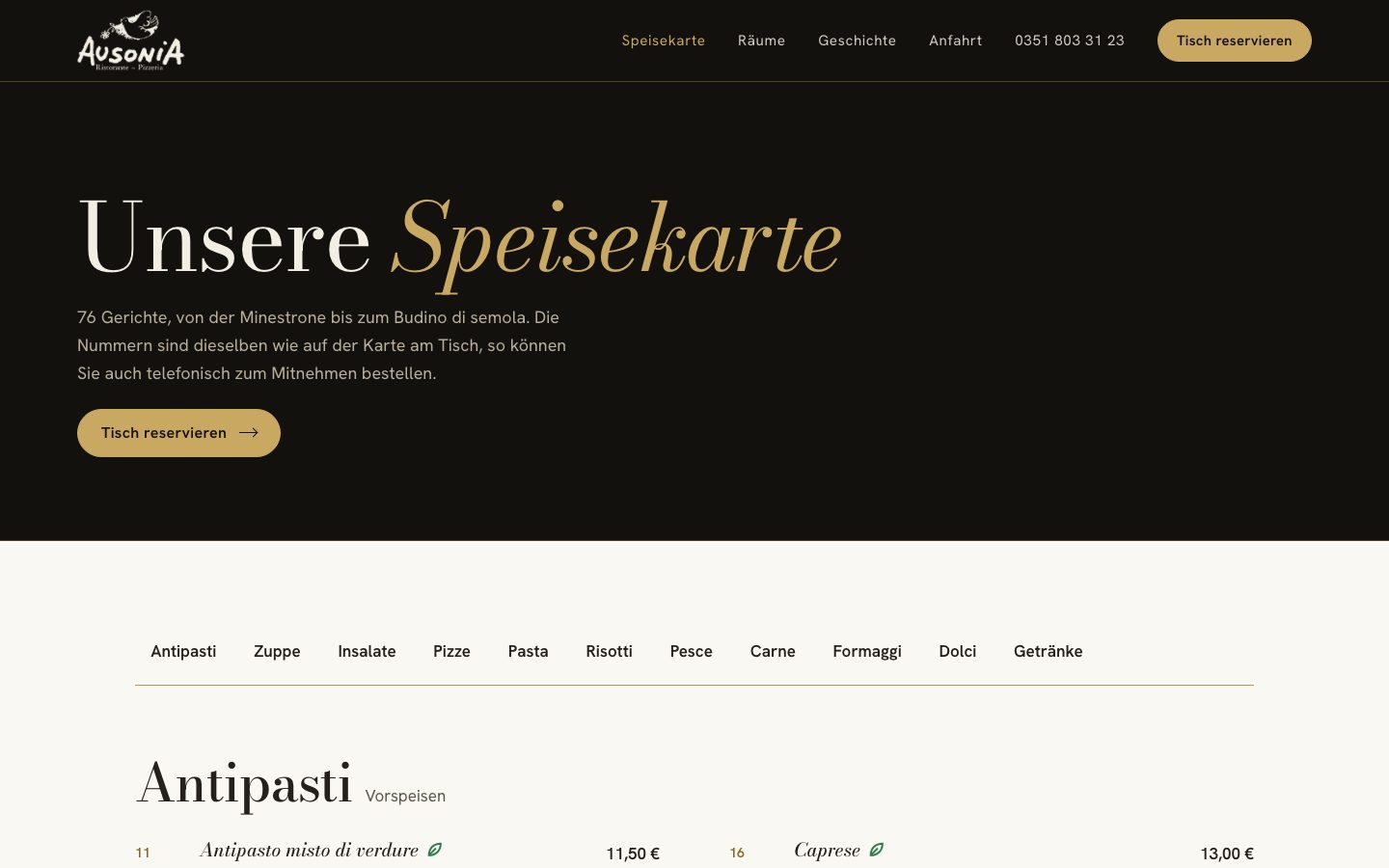 AusoniA Speisekarte mit Kategorien