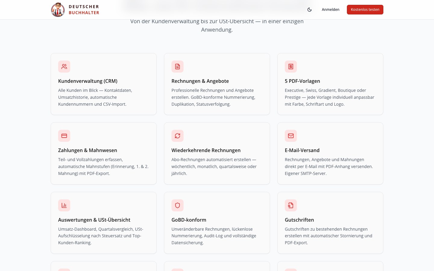 Deutscher Buchhalter Feature-Grid mit CRM, Rechnungen und GoBD