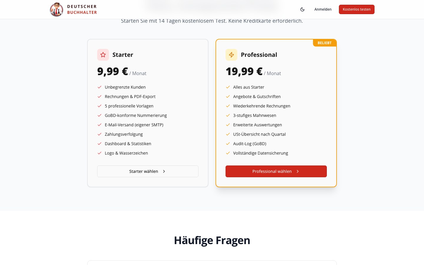 Deutscher Buchhalter Pricing mit Starter und Professional Plänen
