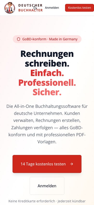 Deutscher Buchhalter Startseite mobil mit GoBD-Badge und Trial-Buttons