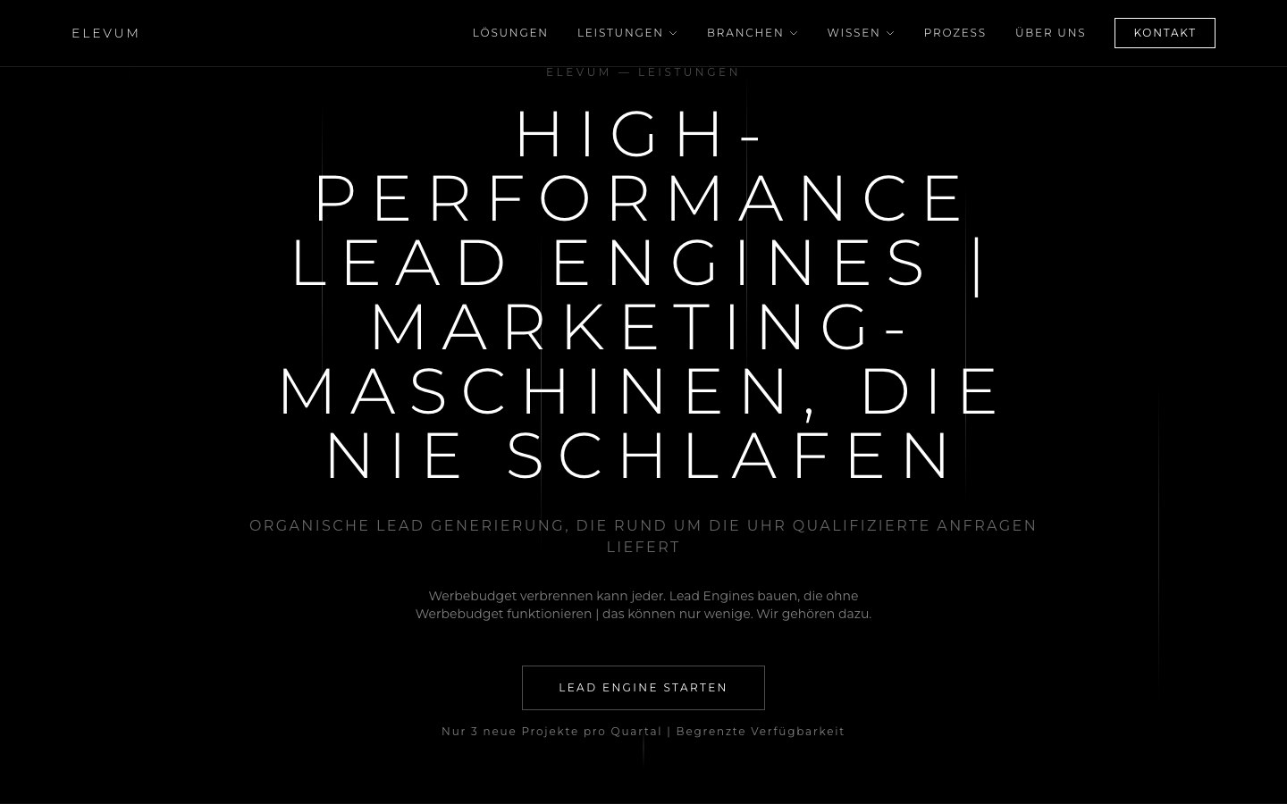 ELEVUM Lead Engines Leistungsseite mit Headline und CTA