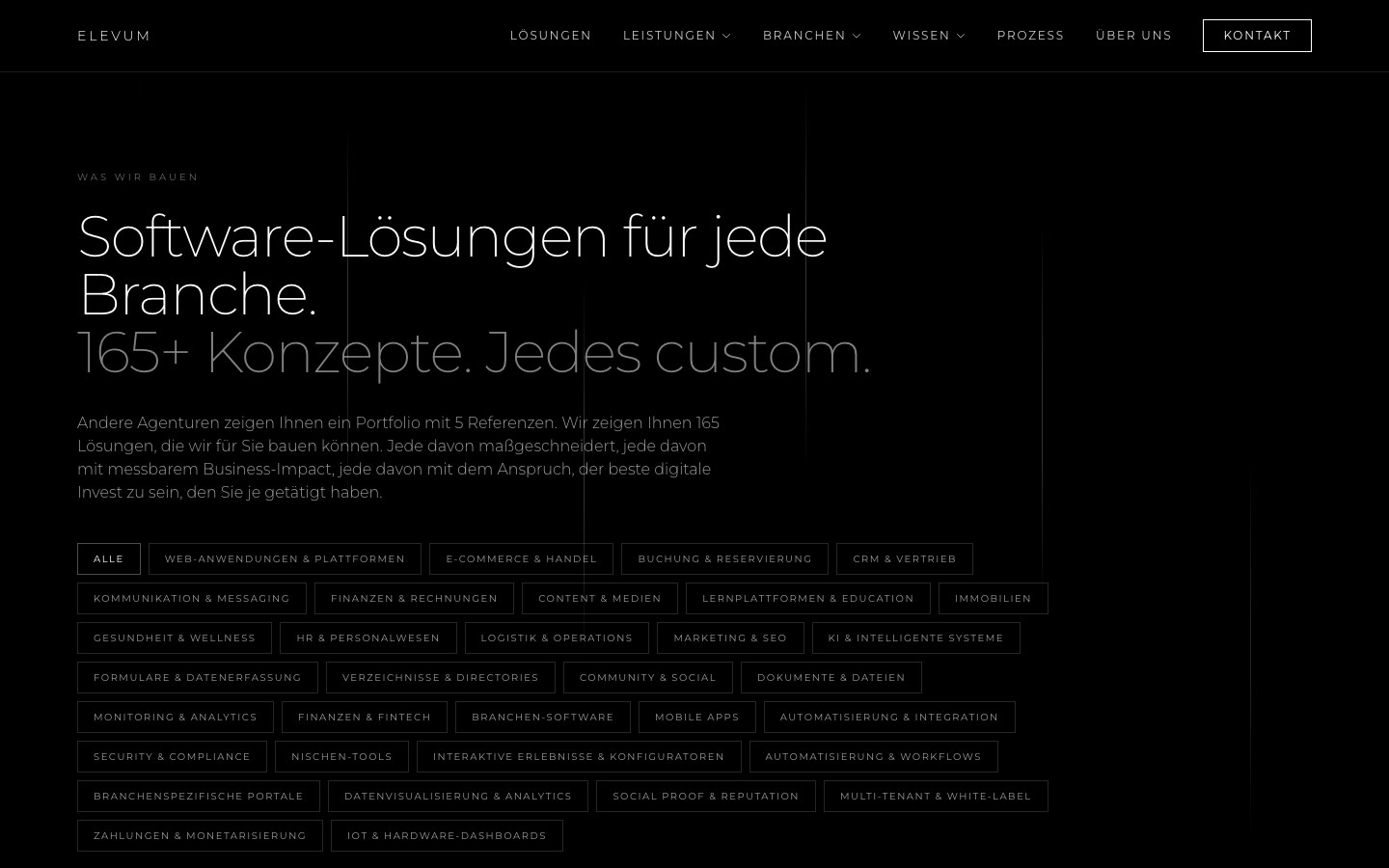 ELEVUM Lösungen-Katalog mit Filter-Tags und 165+ Konzepten
