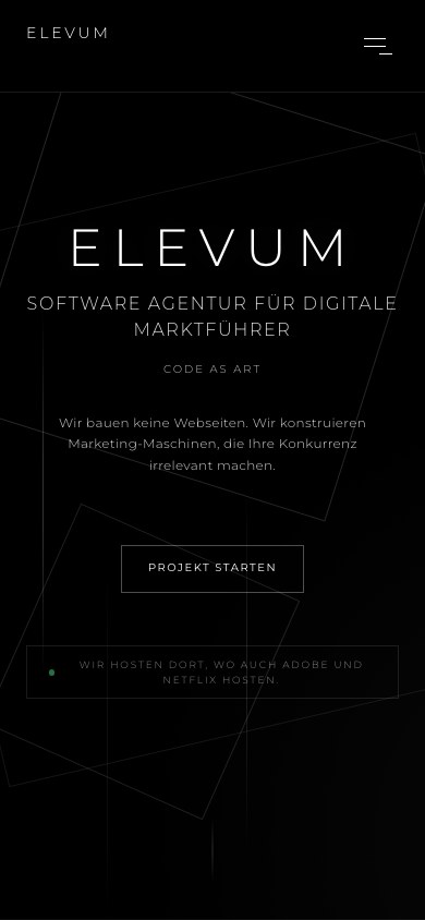 ELEVUM Startseite mobil mit Headline und Projekt starten CTA