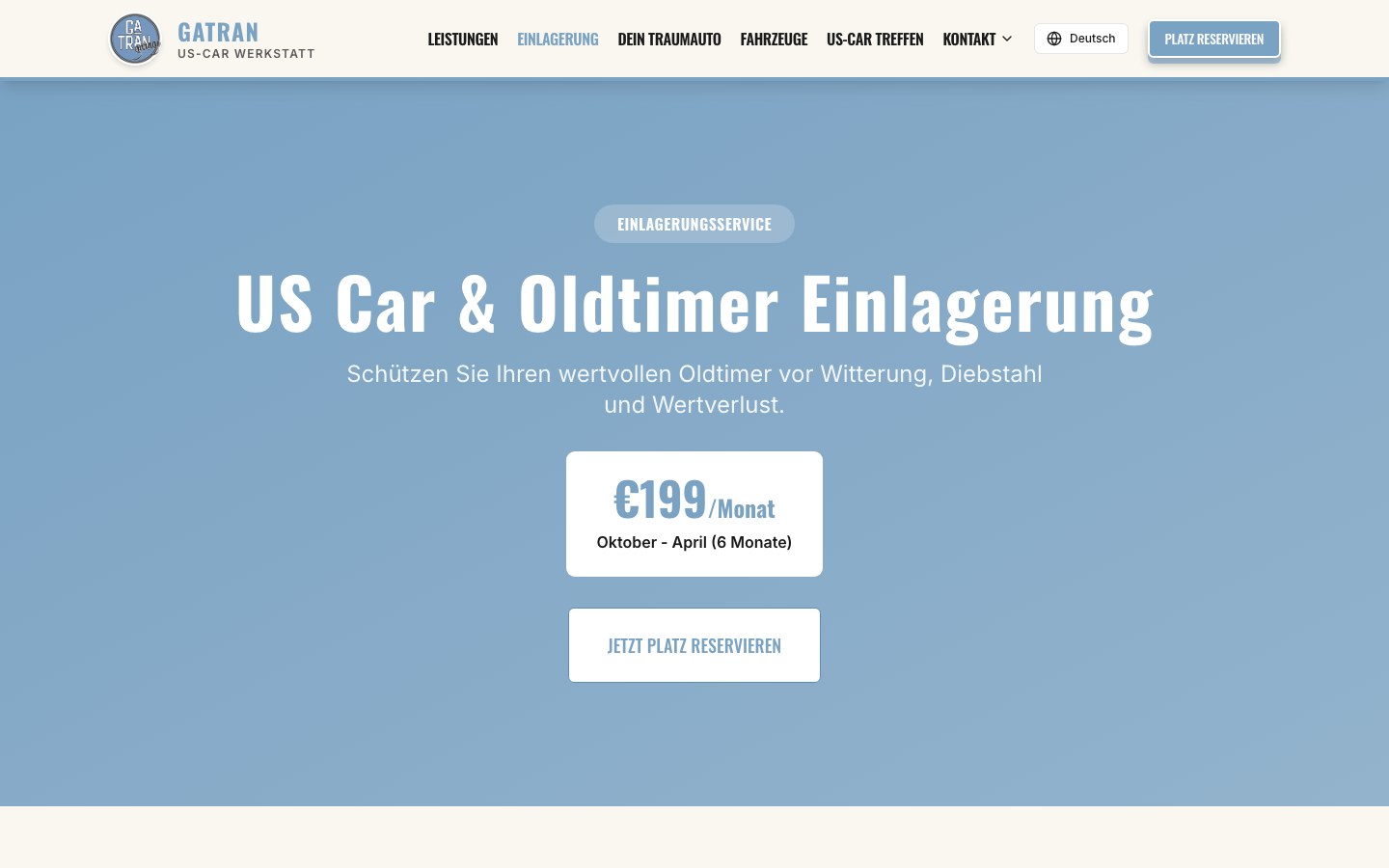 Gatran Einlagerungsseite mit Preis 199 Euro und CTA Platz reservieren