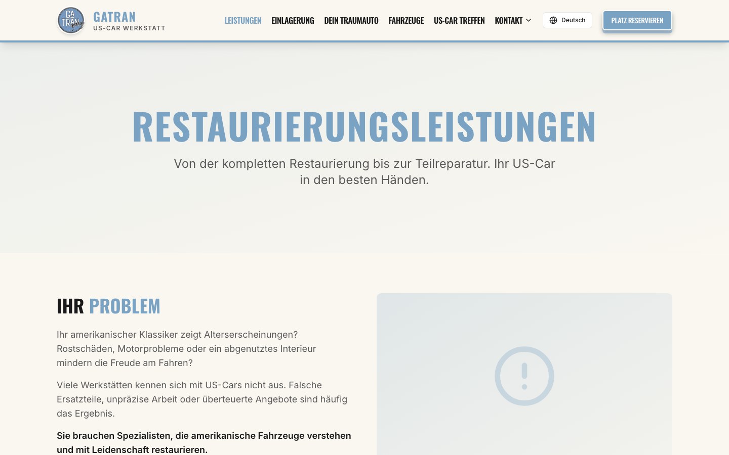 Gatran Leistungsseite Restaurierung mit Problemlösung und Service-Blöcken