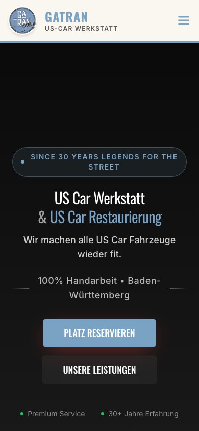 Gatran Garage Startseite mobil mit Headline und Platz reservieren CTA