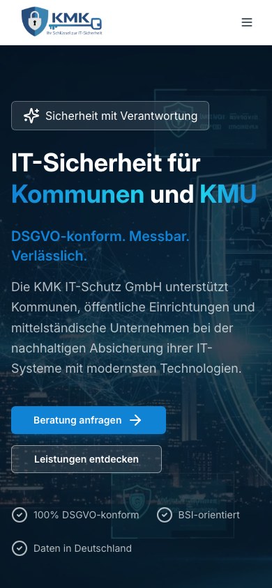KMK IT-Schutz Startseite mobil mit Headline und Beratung anfragen CTA