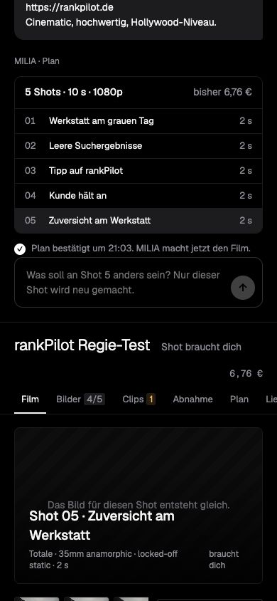 MILIA mobil mit Plan aus fünf Shots und Korrektur-Feld