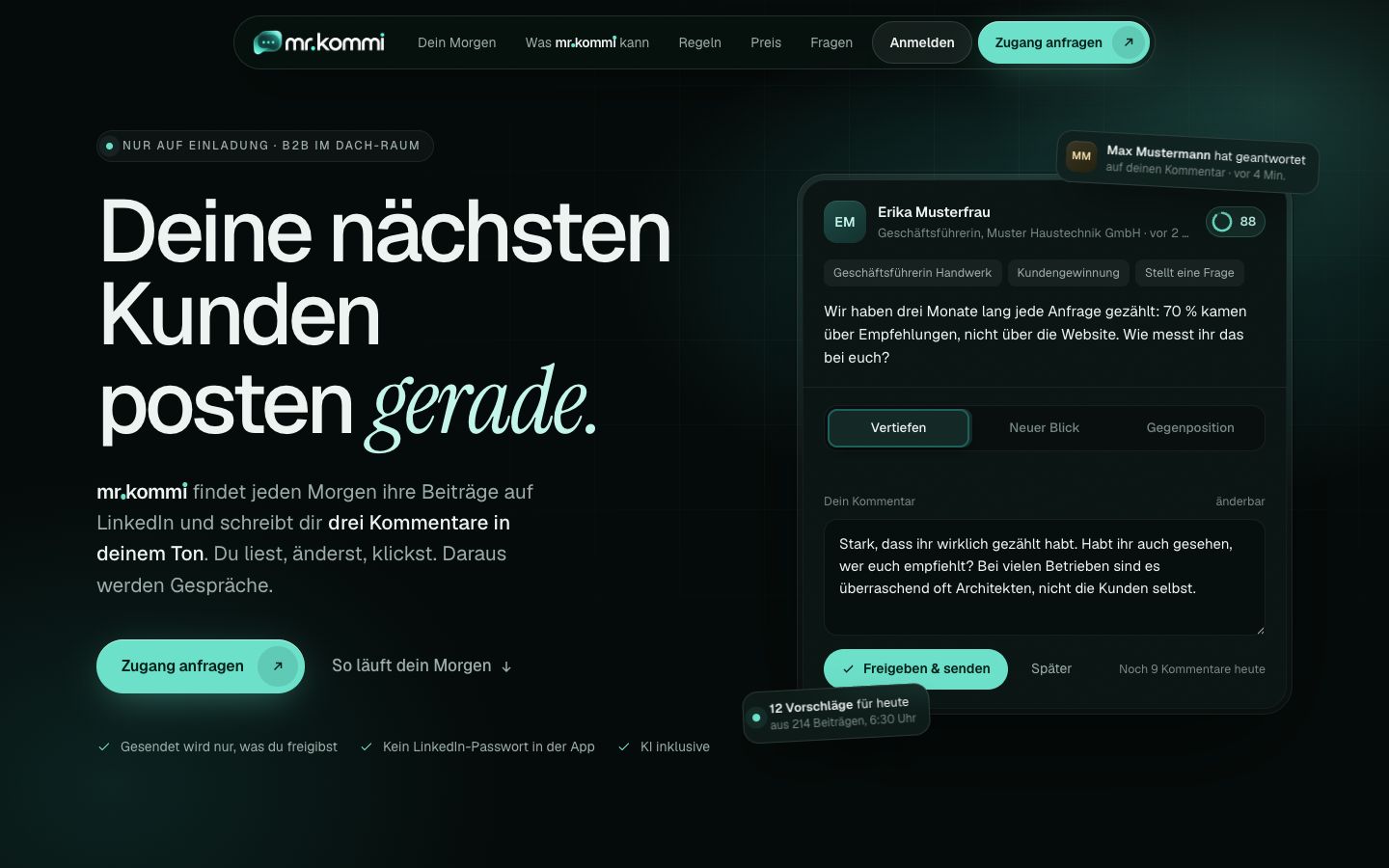 mr.kommi Startseite Desktop: Deine nächsten Kunden posten gerade, daneben ein Beispiel-Vorschlag mit Freigabe-Knopf