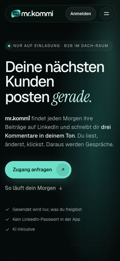 mr.kommi Startseite mobil mit Knopf Zugang anfragen