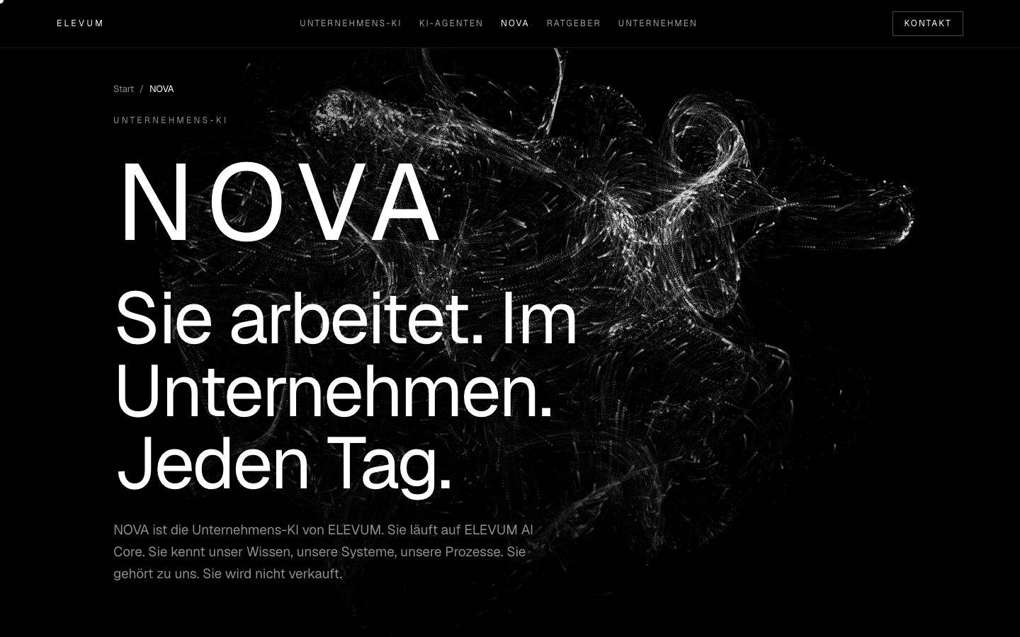 NOVA-Seite auf elevum.io Desktop: Schriftzug NOVA, darunter Sie arbeitet. Im Unternehmen. Jeden Tag., dahinter eine Teilchenwolke