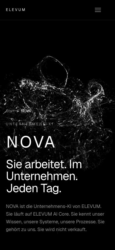 NOVA-Seite auf elevum.io mobil mit Teilchenwolke und kurzer Vorstellung