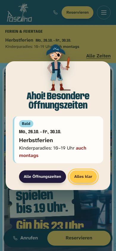 Paselino Startseite mobil mit Öffnungszeiten und Reservieren-Knopf